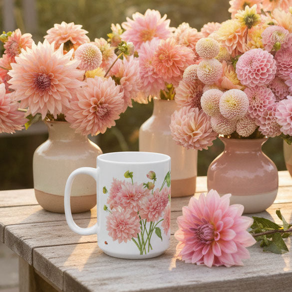 Dahlia Flower Ceramic Mug on Table with Dahlias