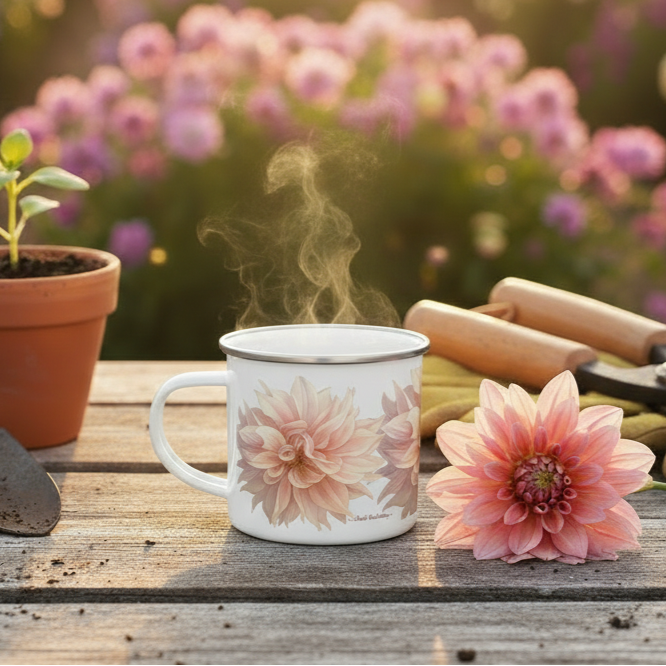 Gardening tools, mug with floral design, and potted plant on a wooden table with a blurred flower field in the background.