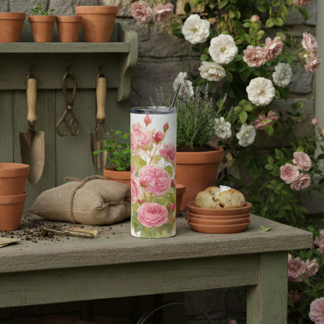 English Garden Roses Watercolor Art on tumbler in greenhouse