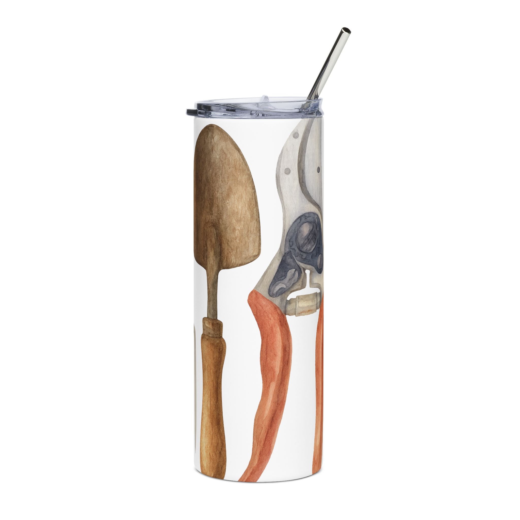 Tumbler with garden tool design on a white background