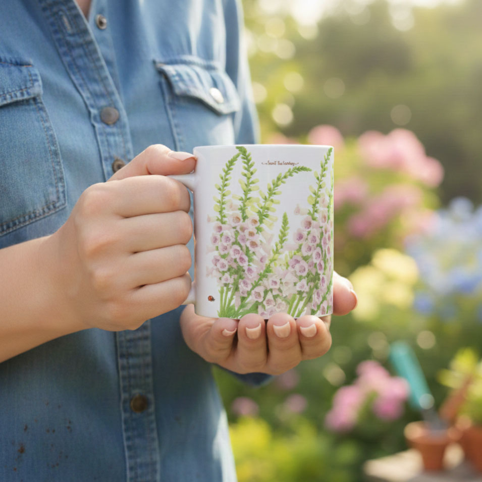 Foxglove Ceramic Mug in gardeners hand