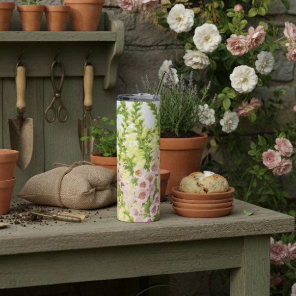 Foxglove tumbler sitting on a greenhouse bench