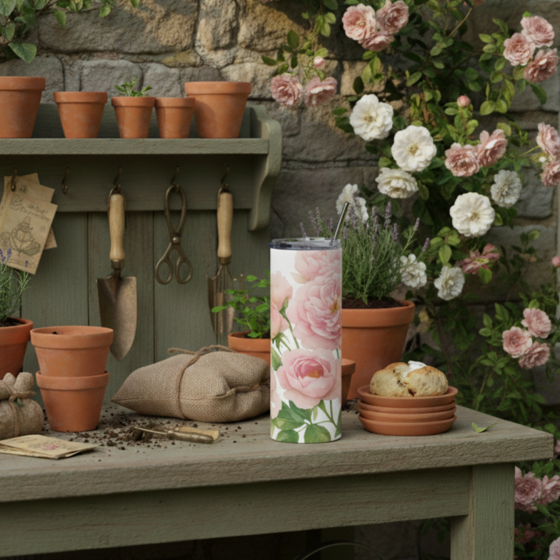 Tumbler with floral design on a table surrounded by potted plants and gardening tools.