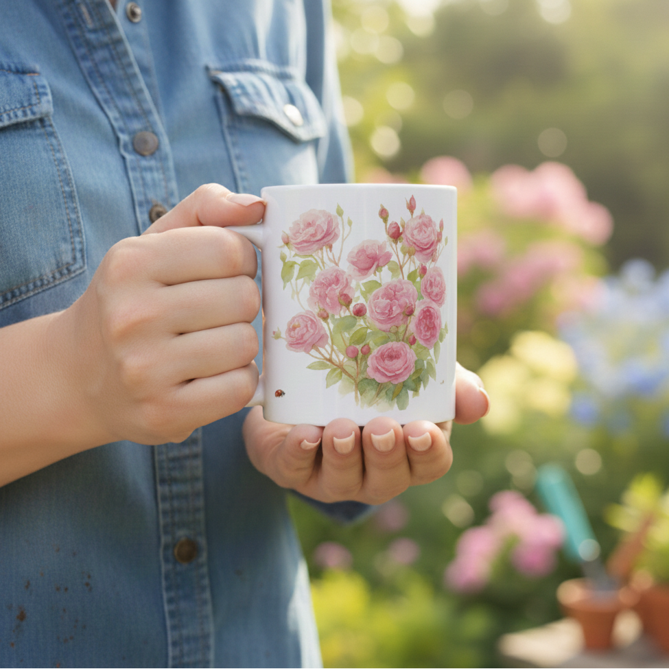 Person holding a mug with floral design in a garden setting