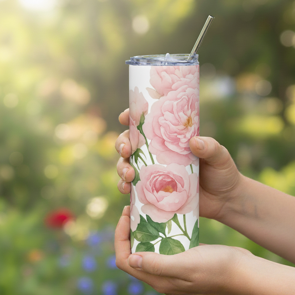 Hand holding a floral-patterned tumbler with a blurred garden background