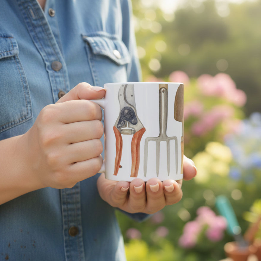 Gardeners Tools Ceramic Mug in gardener's hands