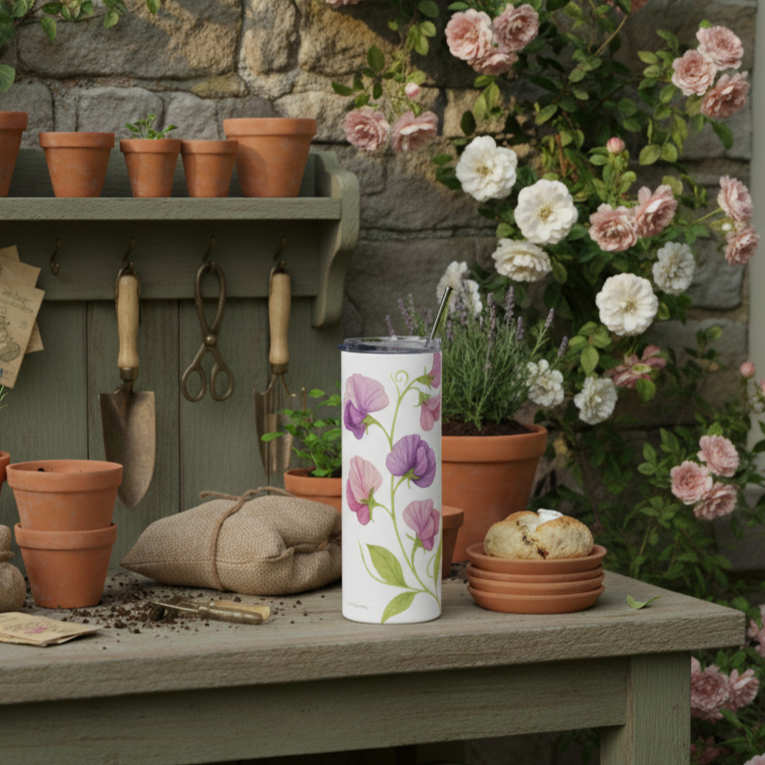 Gardening setup with pots, tools, and a floral-themed tumbler on a table.