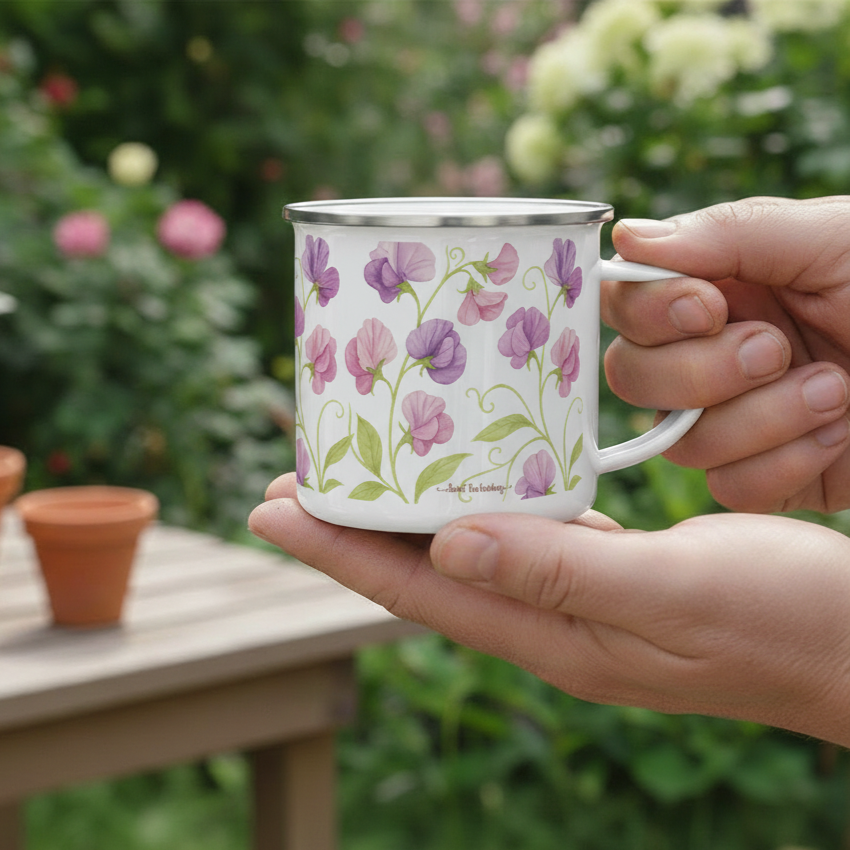 Enamel Mug with pretty sweet pea flower design.