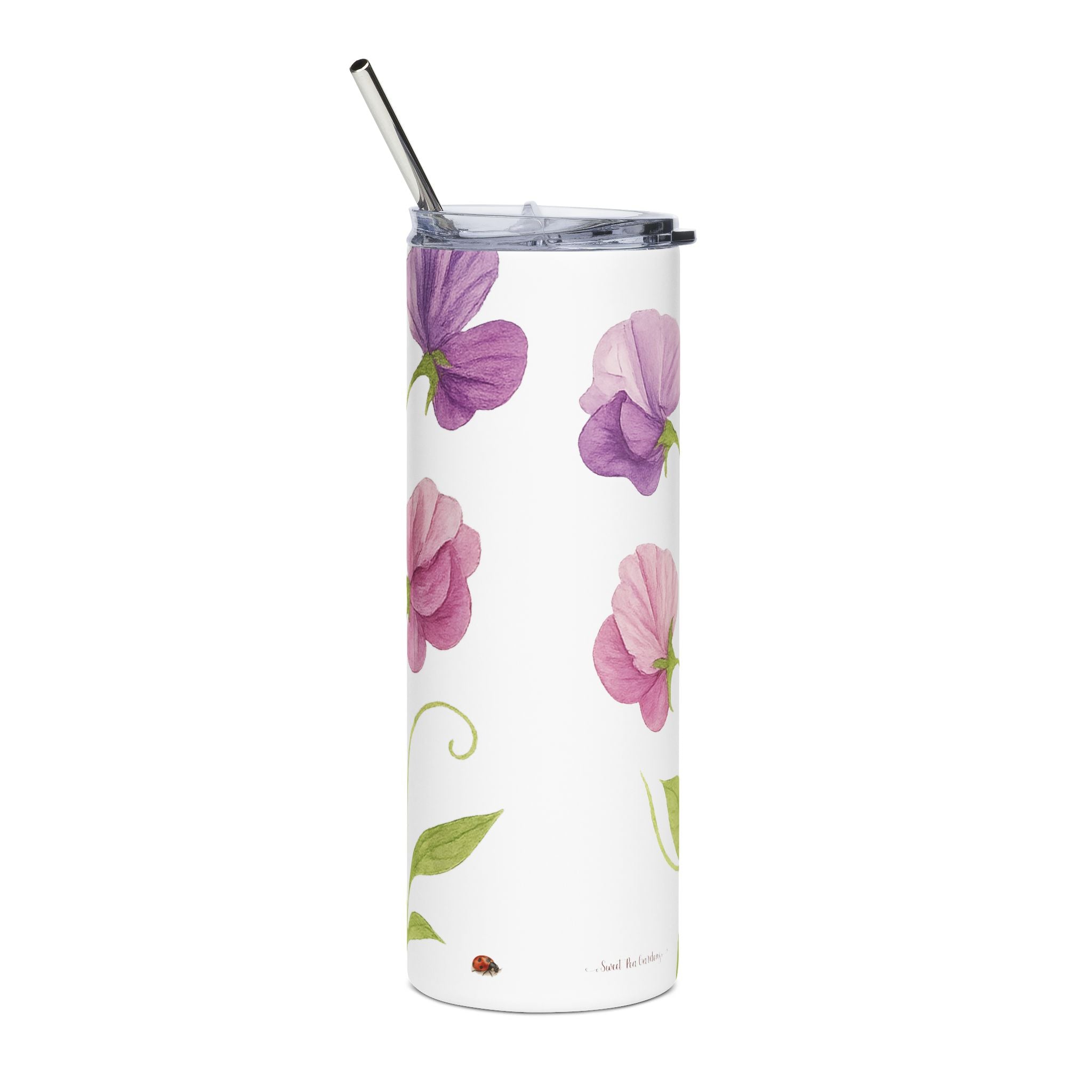 Tumbler with floral design on a white background