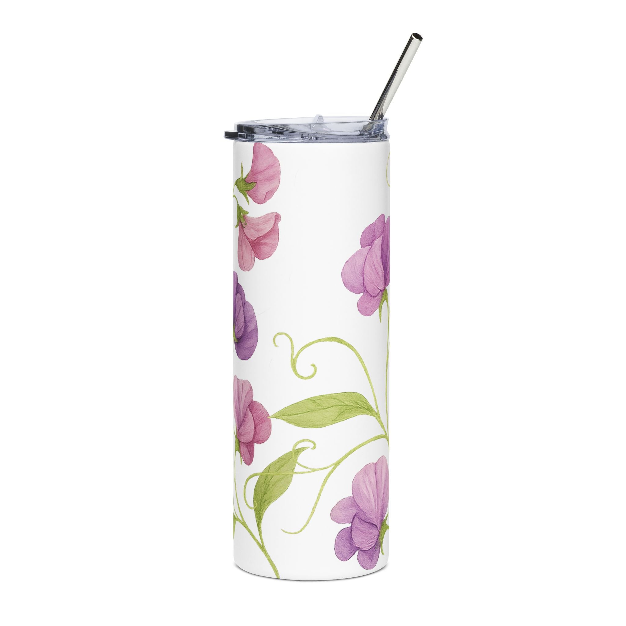 Tumbler with floral design and metal straw on a white background