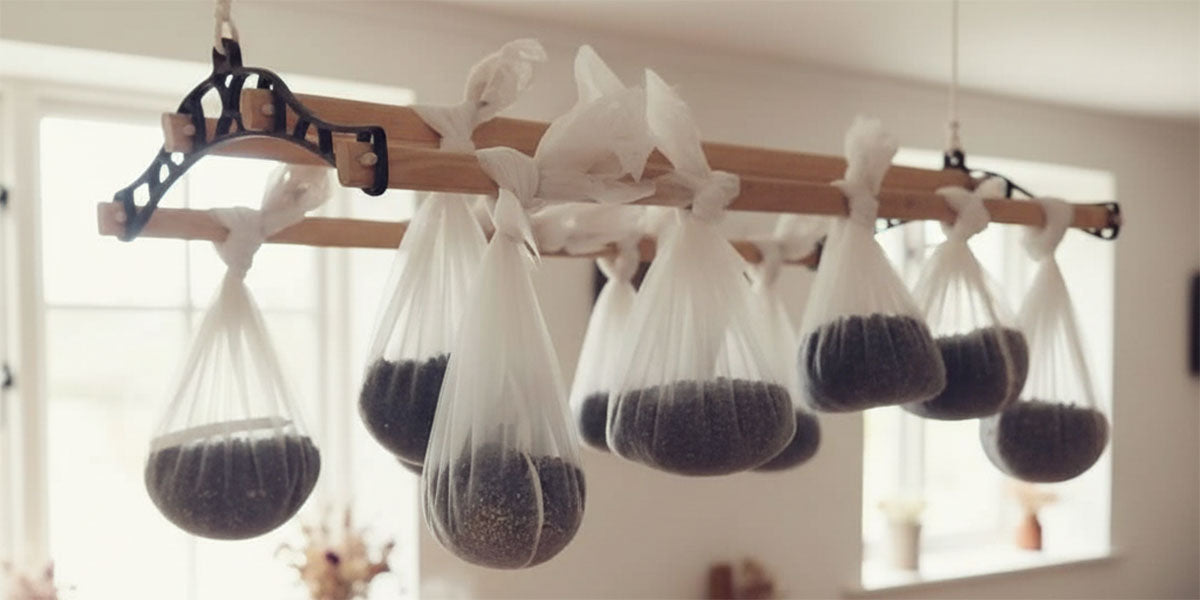 Sweet Pea Seed Drying in Bags on a clothes airer