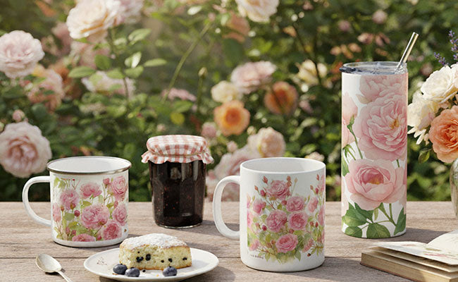 Garden-inspired mugs and tumblers illustrated with our original Sweet Pea Gardens designs.