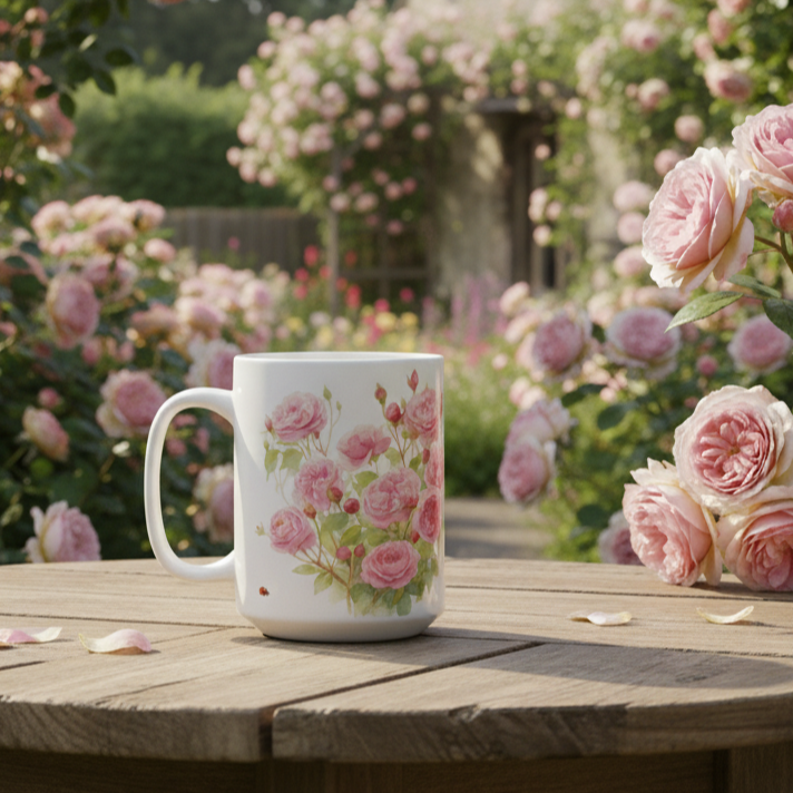 Garden Rose Floral mug on a wooden table with pink roses in the background