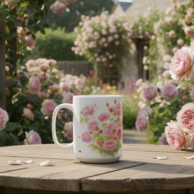 Floral mug on a wooden table with pink roses in the background