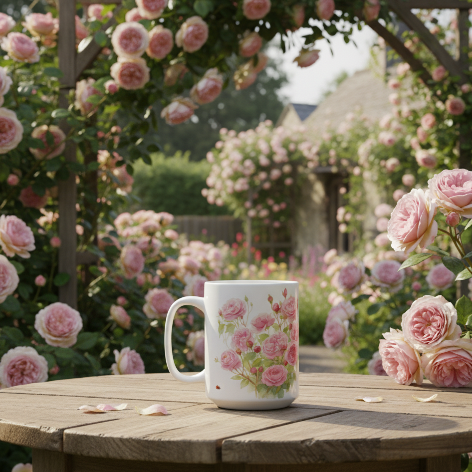 Floral mug on a wooden table with pink roses in the background