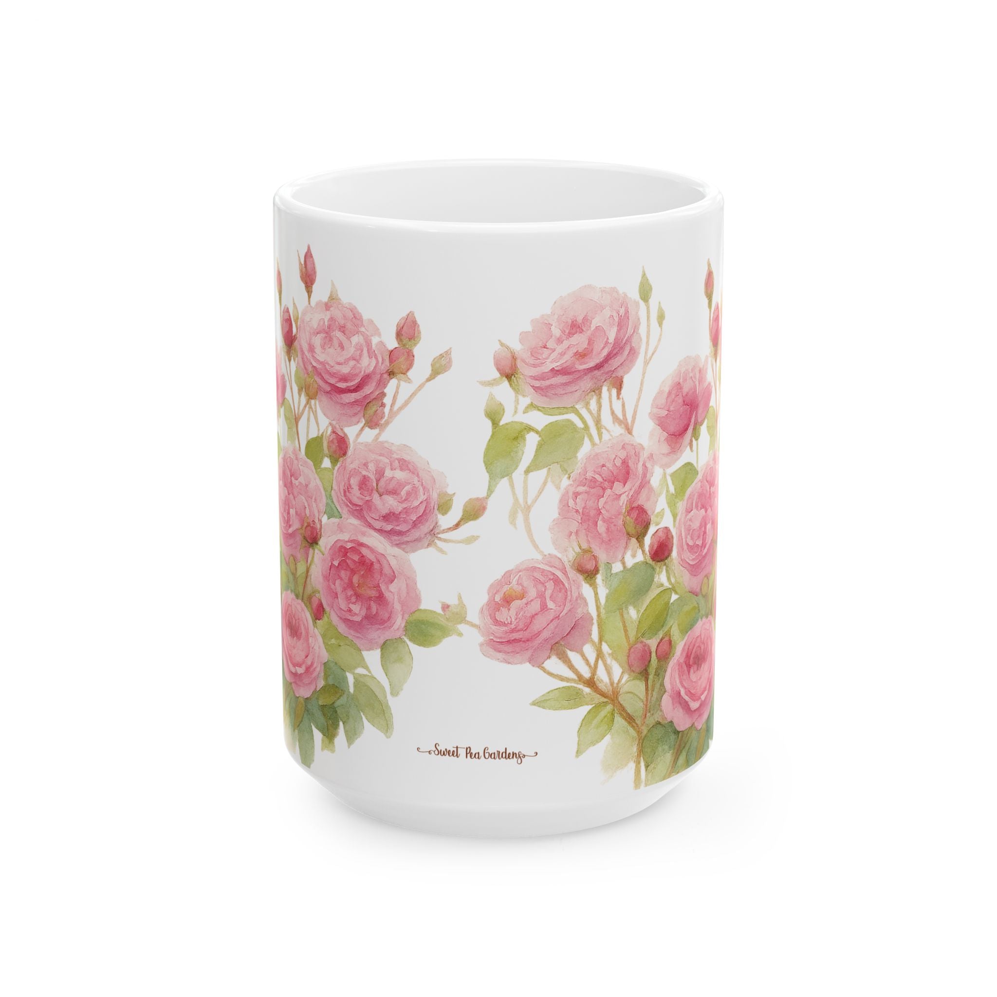 Cottagecore White mug with pink floral design on a white background
