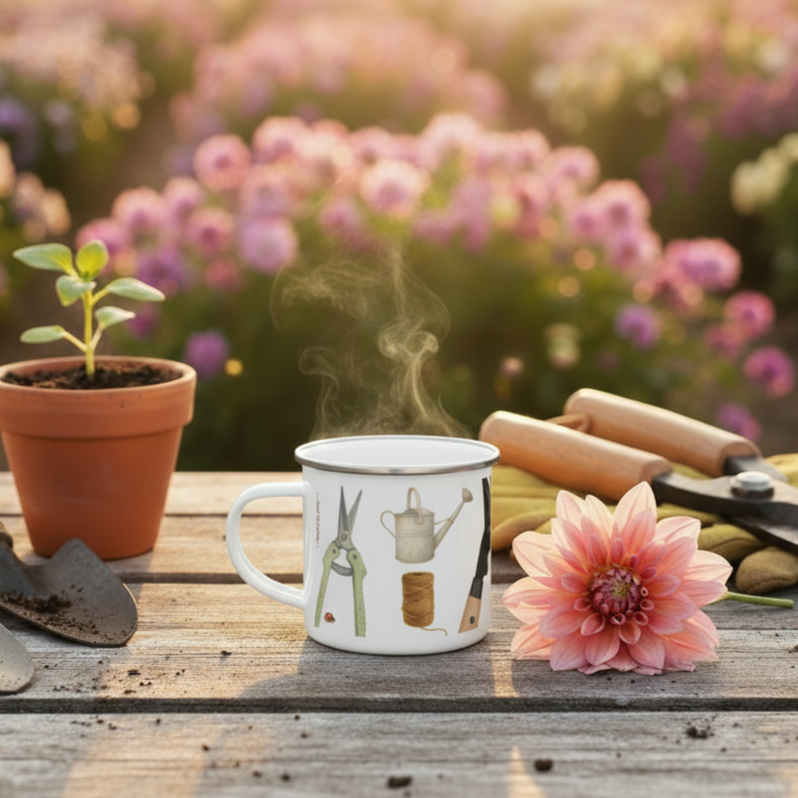 Gardening tools and a mug on a wooden table with a field of flowers in the background
