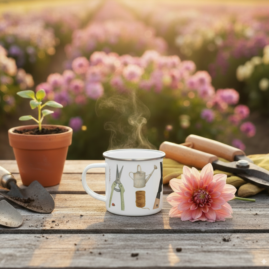 Gardening tools and a mug on a wooden table with a field of flowers in the background