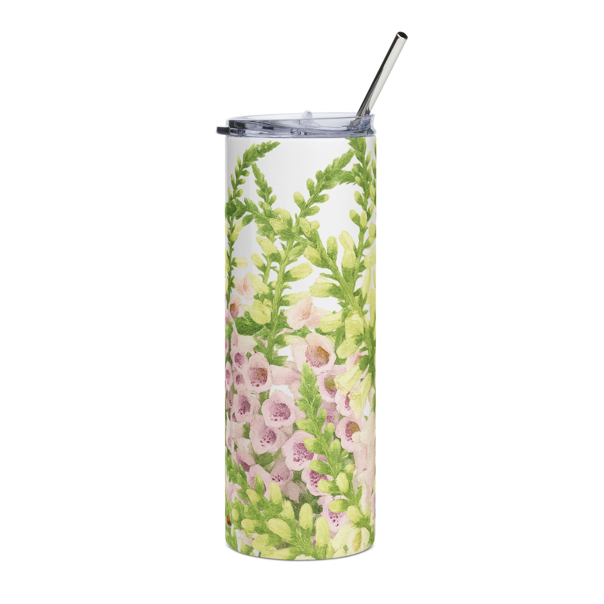 delicate pink foxgloves in a water color design on a tumbler
