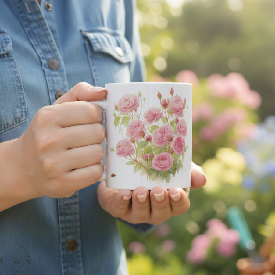 Person holding a mug with floral garden rose design in a garden setting