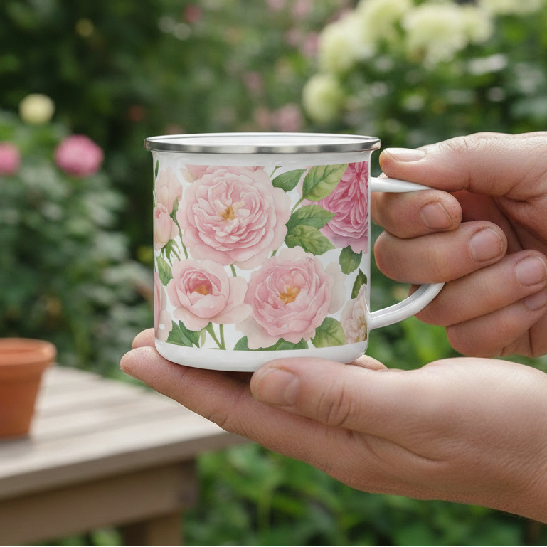 Hand holding a garden roses floral mug outdoors with plants and pots in the background