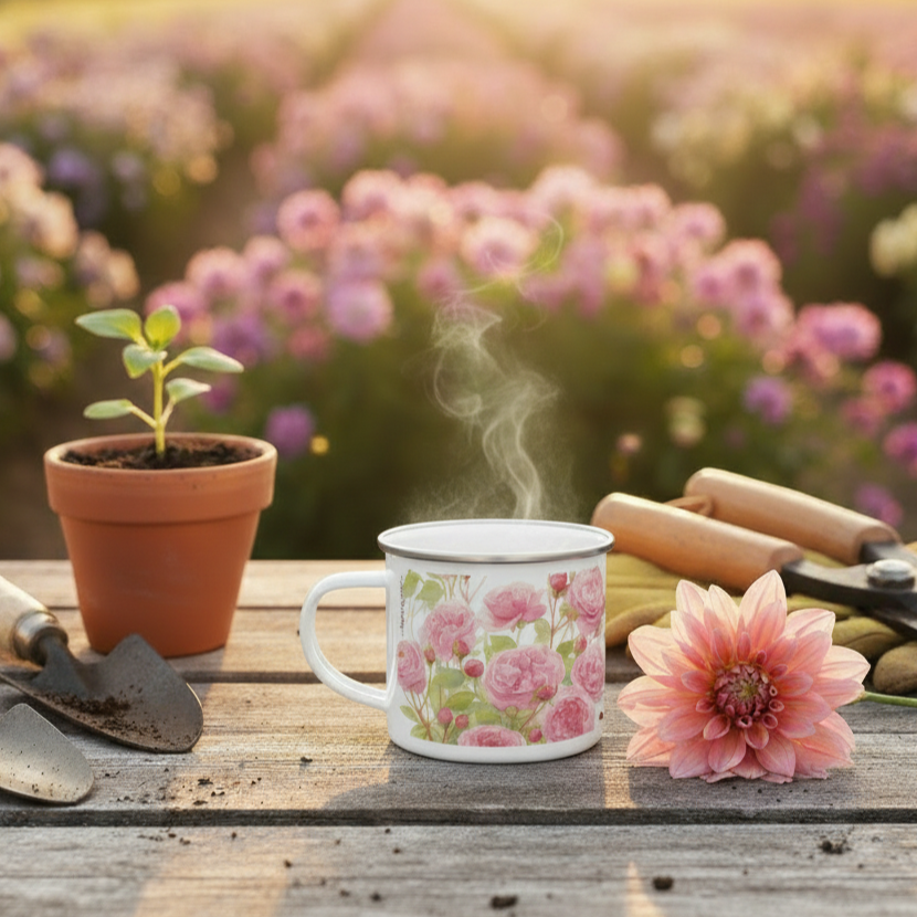 Steaming mug with floral design on a wooden table with gardening tools and flowers, set against a blurred garden background.