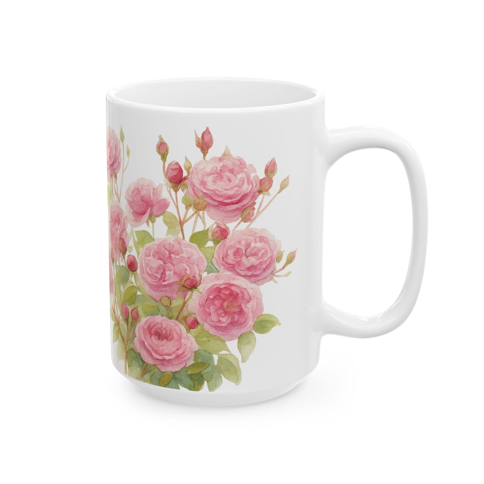 White mug with pink garden rose floral design on a white background