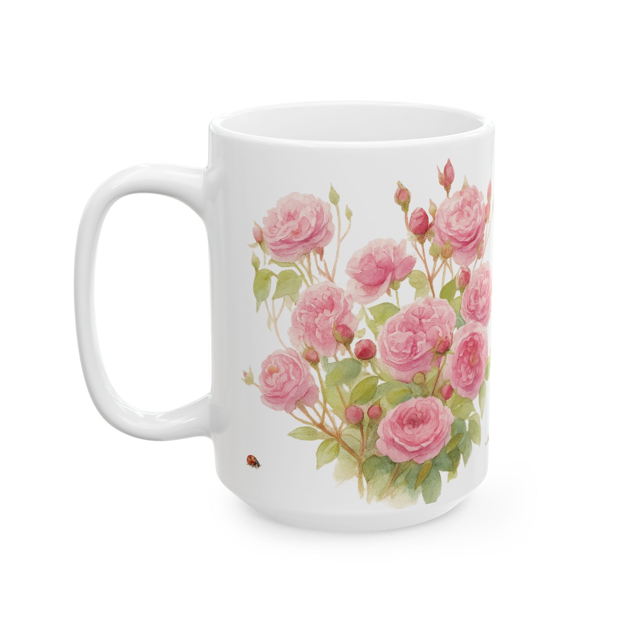 White mug with pink garden roses floral design on a white background
