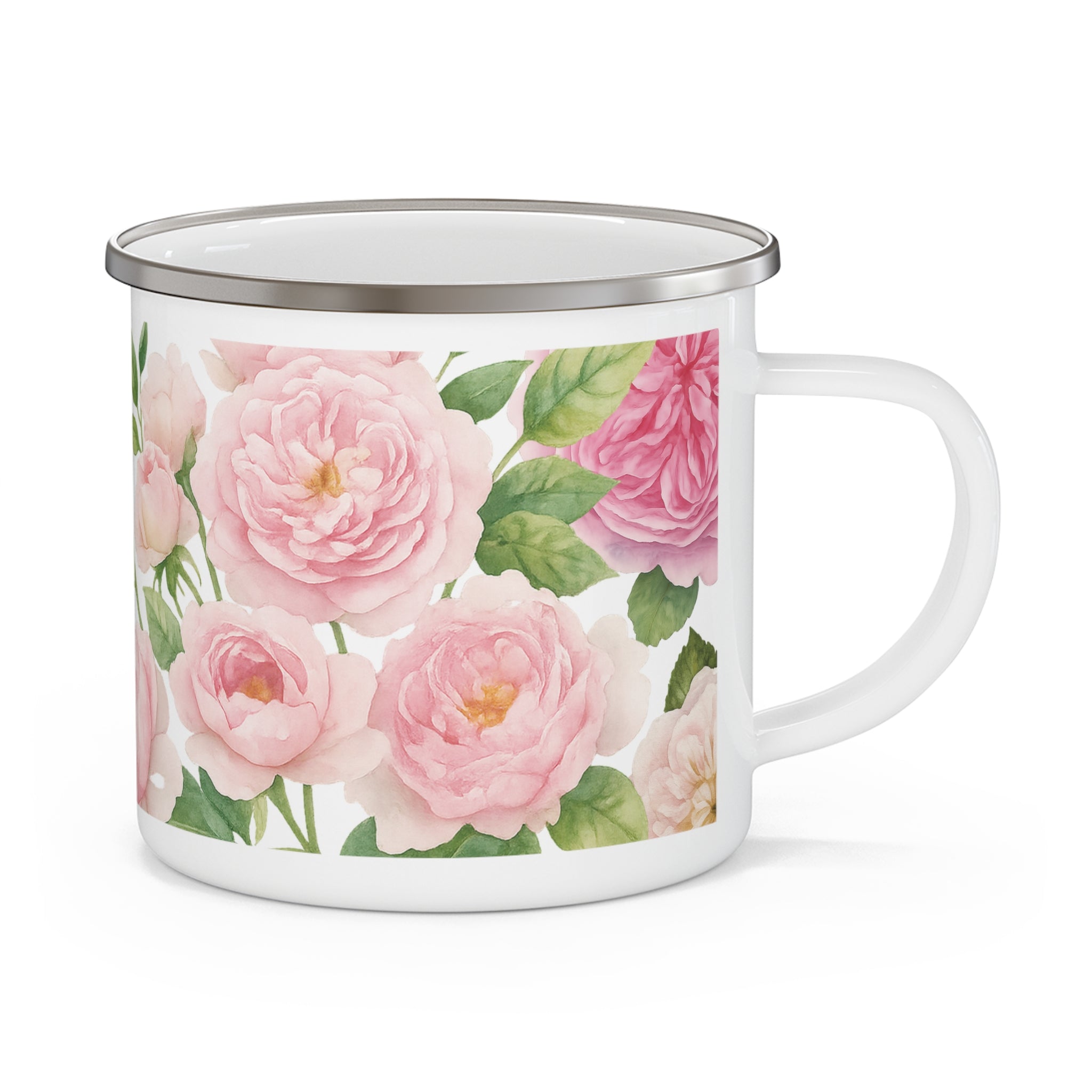 Mug with pink floral garden rose pattern on a white background