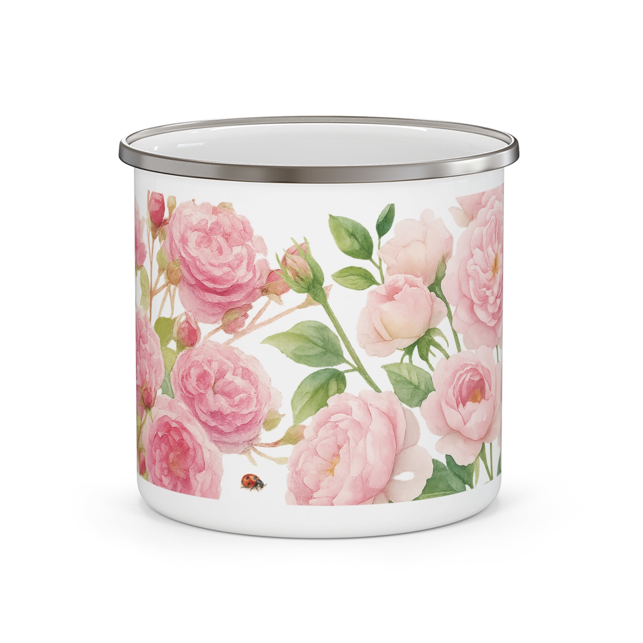 Enamel mug with pink garden roses floral design on a white background