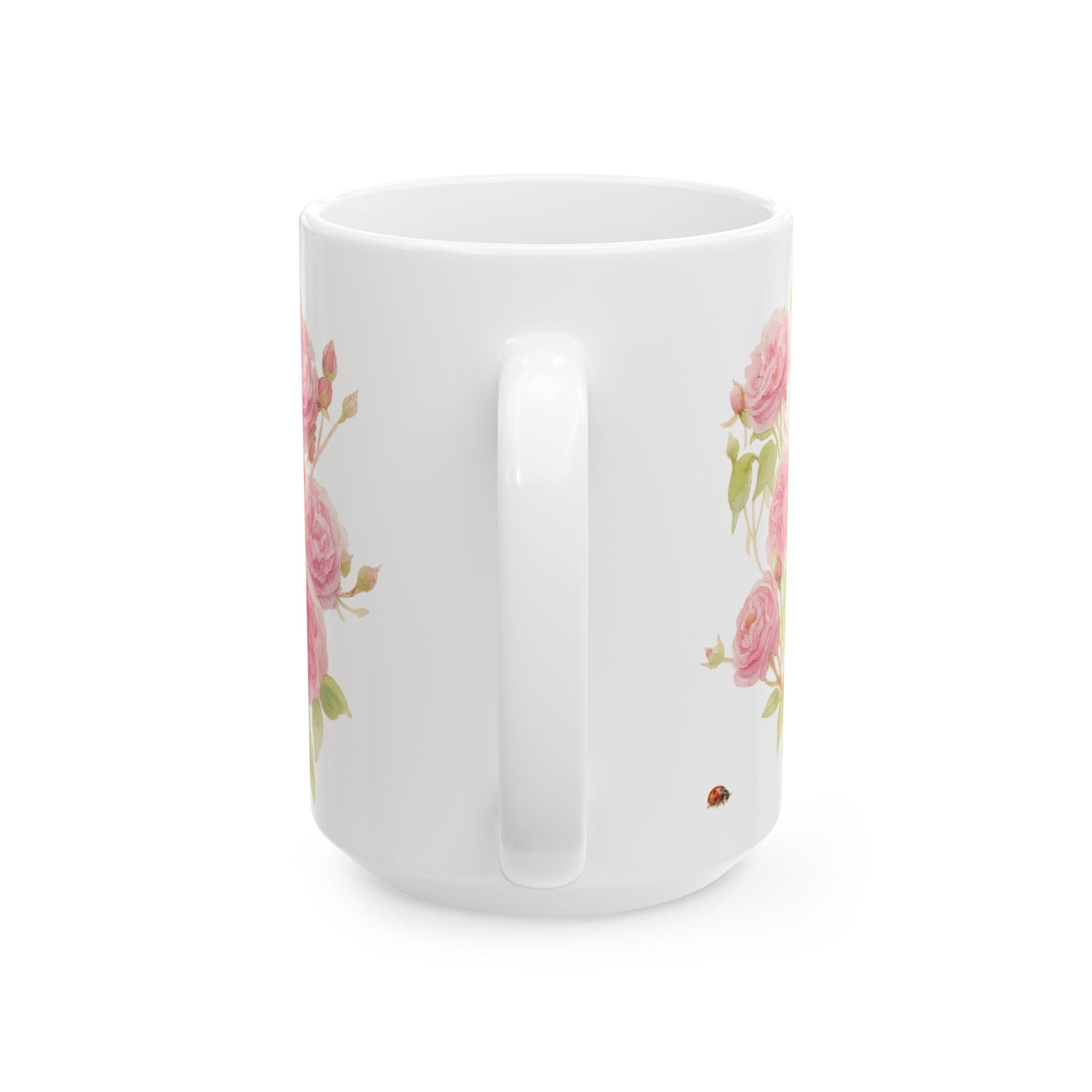 White mug with garden rose floral patterns on a white background