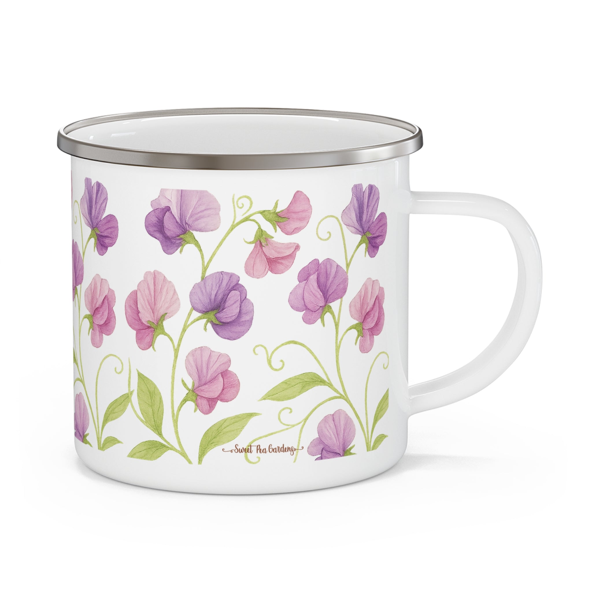 Sweet Pea Flowers on Enamel Mug